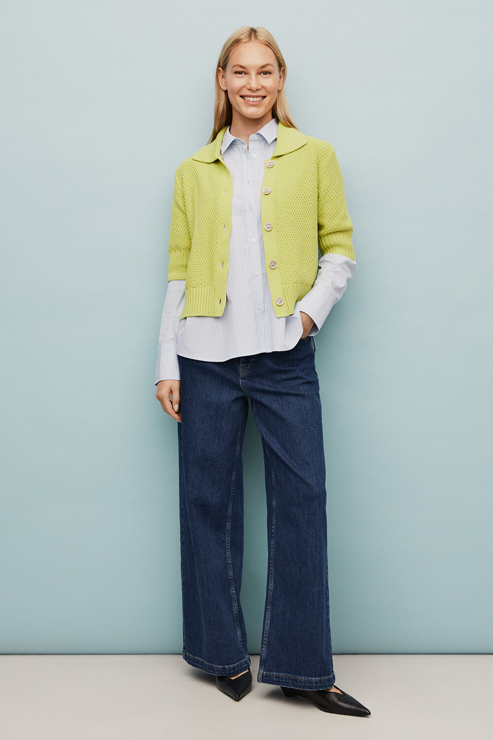 Liva Cardigan - B Chartreuse, Inverisa Shirt - Placid Blue, Passang Trousers - Blue Denim
