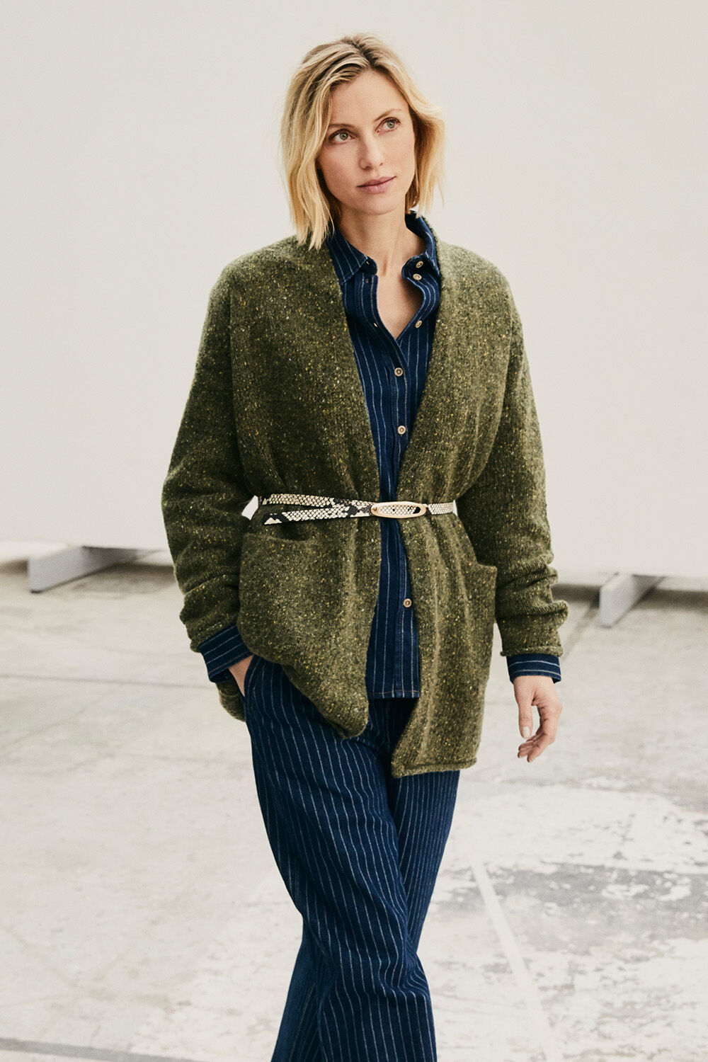 Lonny Wool Cardigan - Beetle, Inovael Denim Shirt - Dark Denim, Rythia Belt - Fog, Poelisse Denim Trousers - Dark Denim