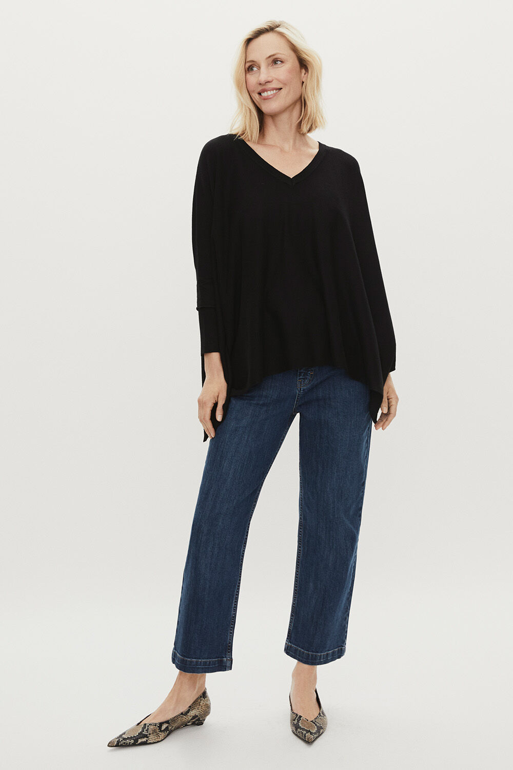 Fosna Jumper - Black, Portiscan Trousers - Blue Denim