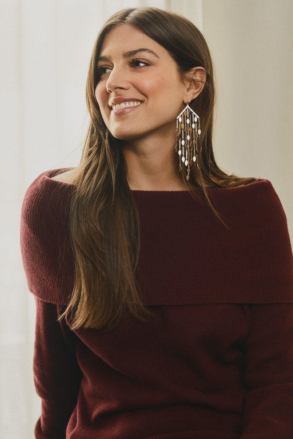 Floraia Woolen Jumper - Tawny Port, Rovela Earrings - Gold