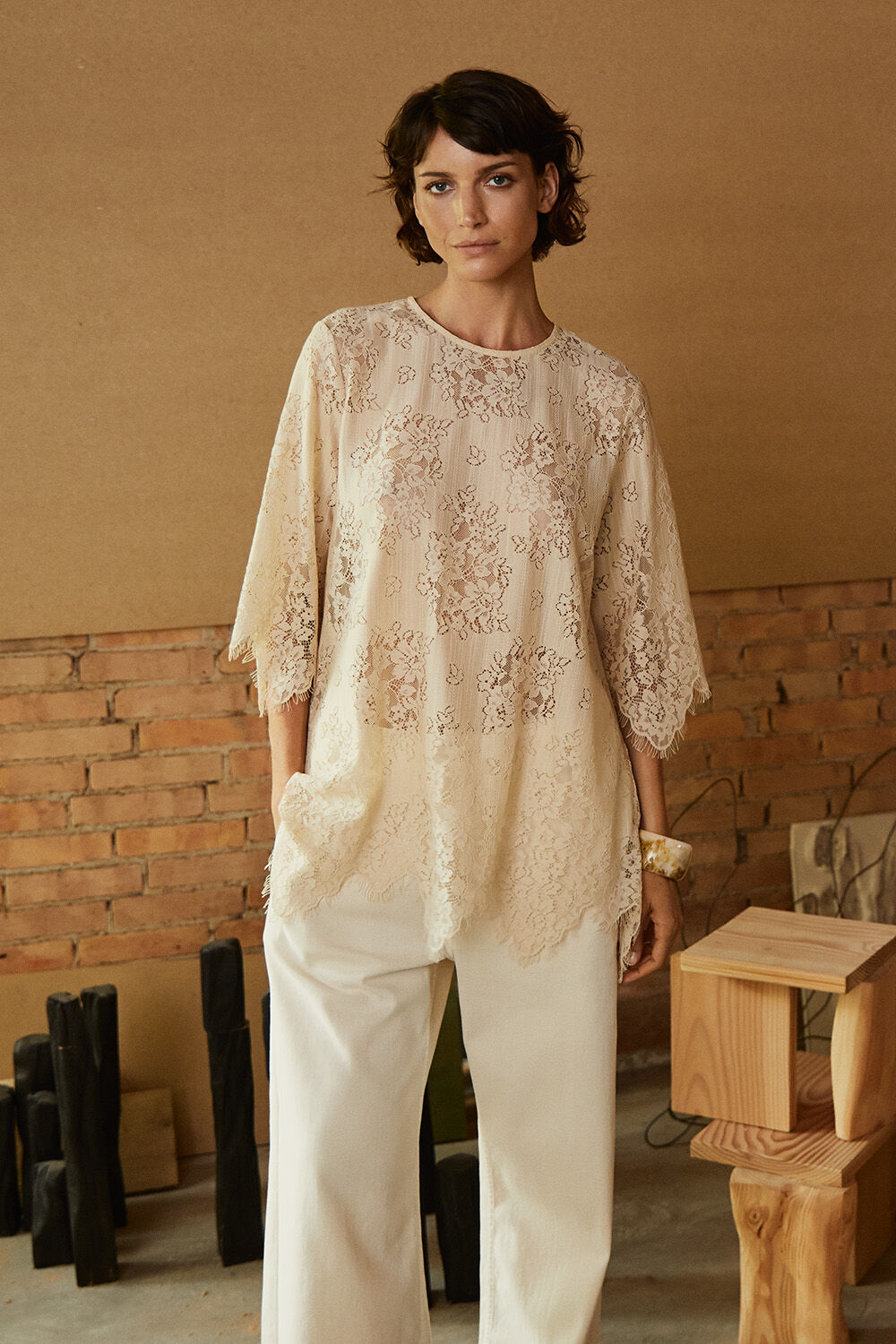 Galdora Tunic - Fog, Polyxena Denim Trousers - Jet Stream, Rosienne Bracelet - Whitecap