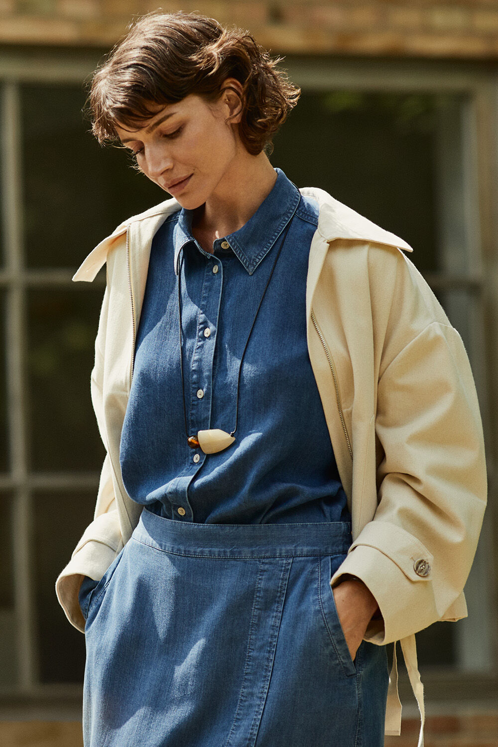 Trixion Denim Jacket - Oyster White, Ishana Shirt - Washed denim, Selithia Denim Skirt - Washed denim, Raiomi Necklace - Tobacco Brown