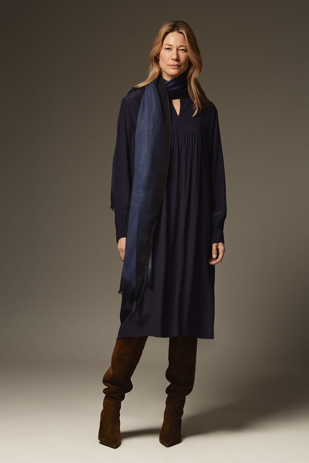 Normata Dress - Navy Blazer, Amarani Wool Scarf - Bijou Blue