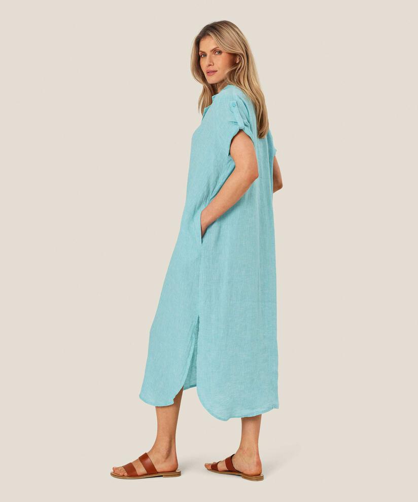 masai linen dress Masai Copenhagen Linen Midi Dress With V-Neck And 3/4 Sleeves - Ensign Blue