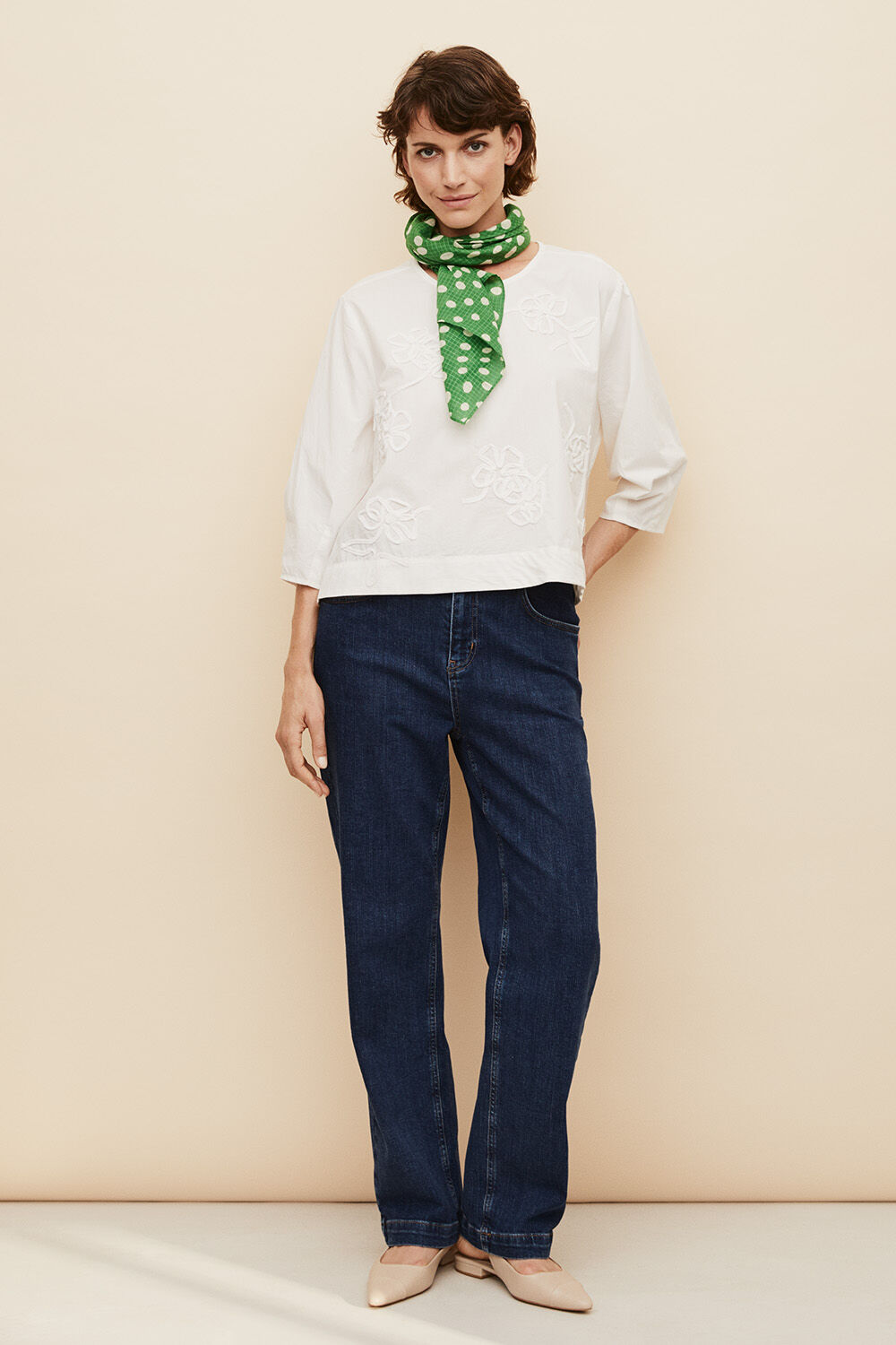 Amivra Scarf - Mint Green, Drenithra Blouse - Jet Stream, Pomla Denim Trousers - Medium Denim